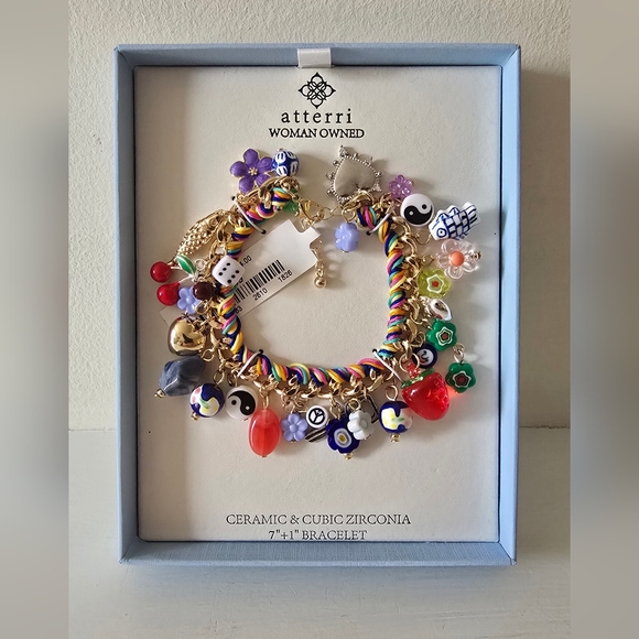 Atterri Jewelry - Atterri Multicolor Charm Bracelet Ceramic & CZ Rainbow Boho Statement 7+1 NWT